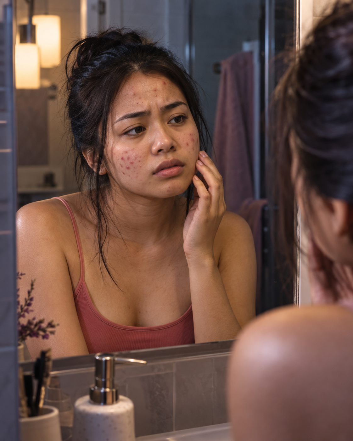 Young Filipina checking visible acne in a bedroom mirror