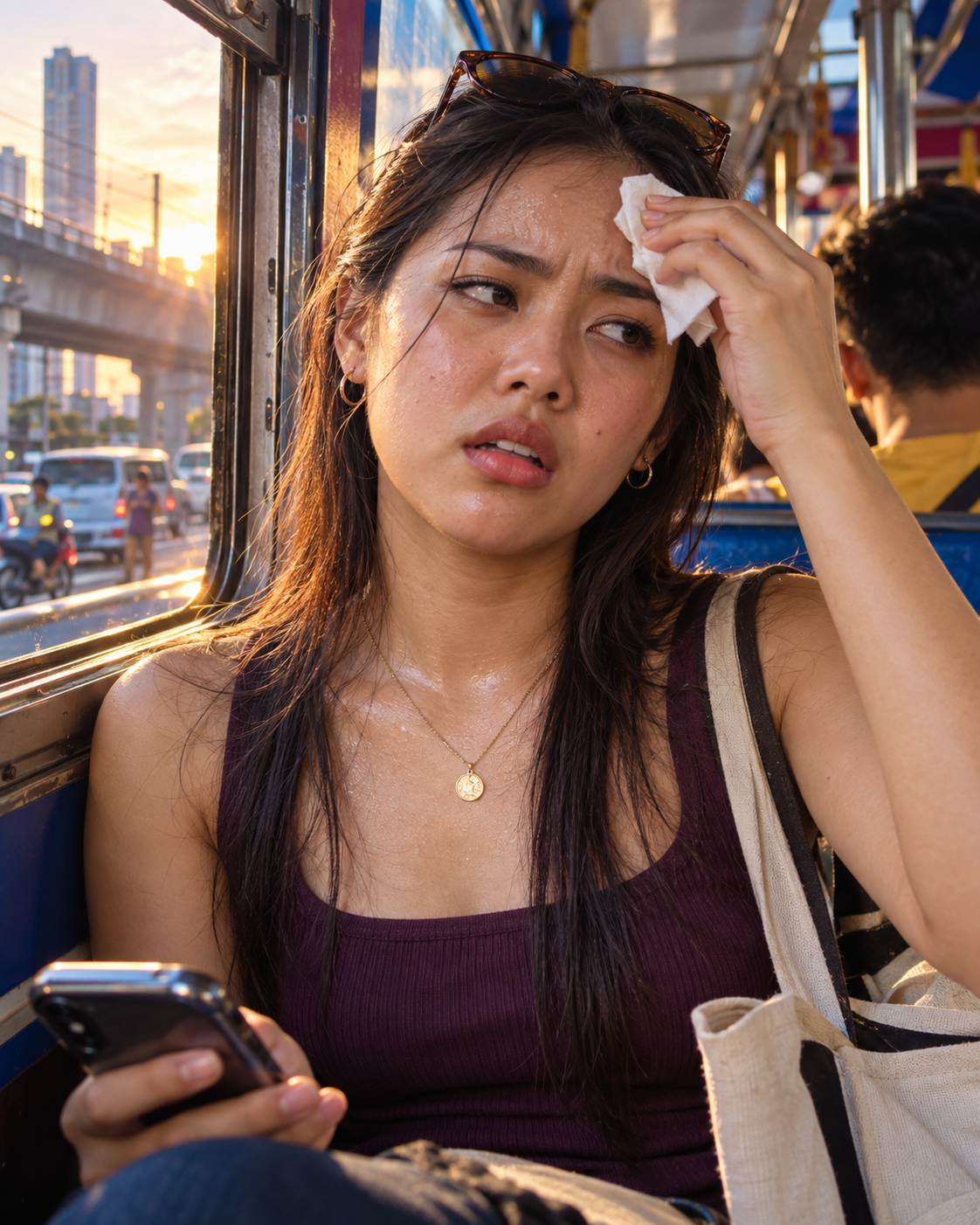 Young Filipina blotting sweat after a hot commute